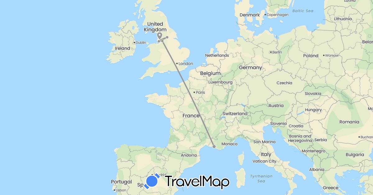 TravelMap itinerary: plane in France, United Kingdom (Europe)